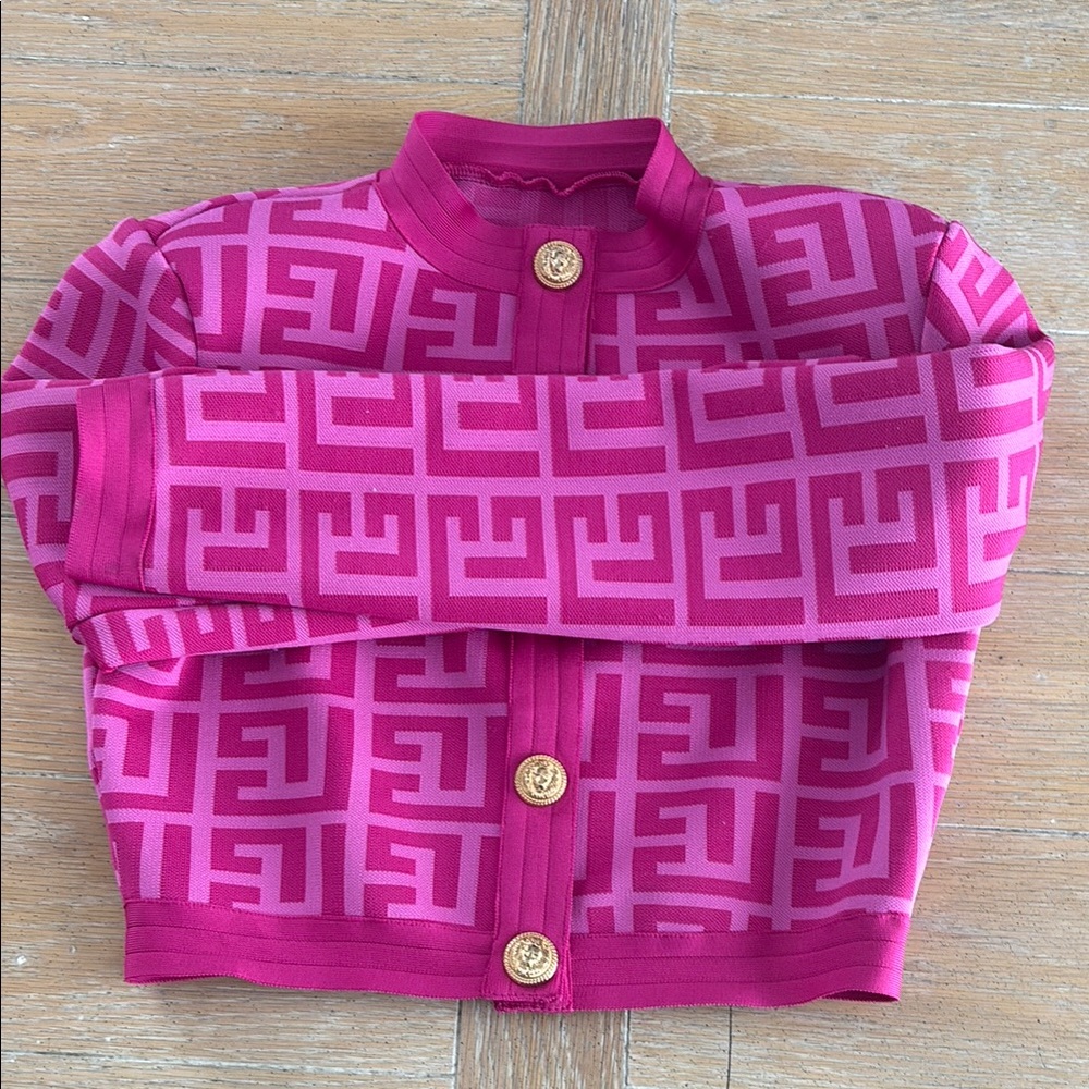 Pink Geometric Patterned Jacket with Gold Buttons